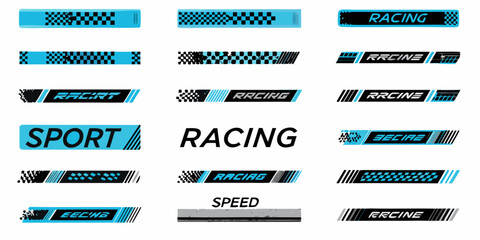 Collection of racing and sport themed banners and labels in blue and black © Roni