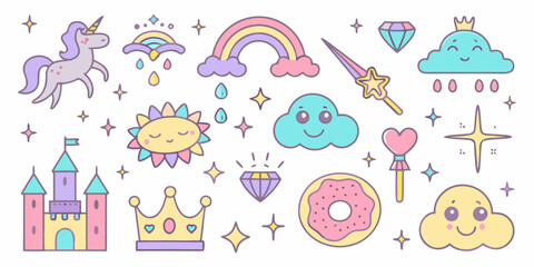 A whimsical collection of pastel colored fantasy elements and cute characters