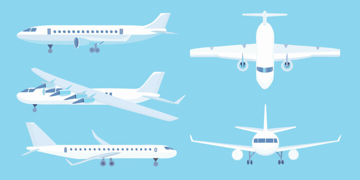 Airplane schematics top side front and angled views in vector style