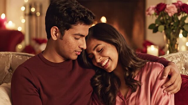 A young couple shares a tender moment, embracing the warmth and romance of Valentine Day in a cozy, candlelit setting perfect for love and connection