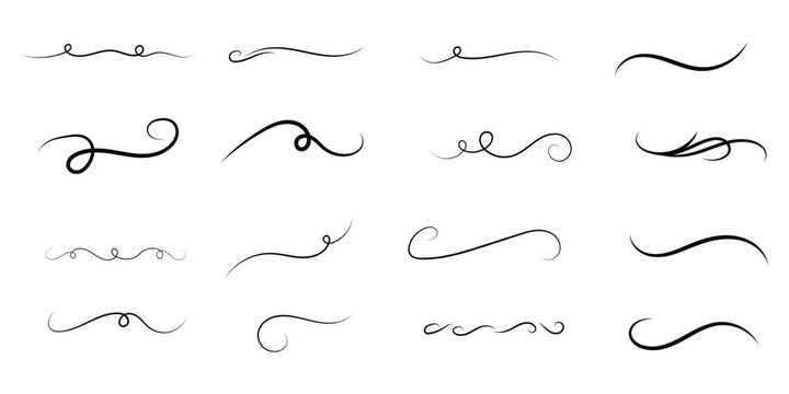 Hand drawn calligraphic dividers and vintage flourish elements icon set. Decorative swirl, flourish, and underline vector collection. swoosh, and curve element symbol. vector illustration.