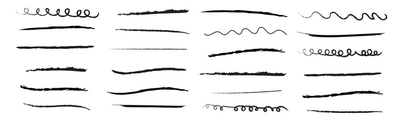 Obraz premium Hand drawn black brush stroke underlines and doodle elements. underline accent, swoosh detail and squiggly sketch mark symbol. vector illustration.