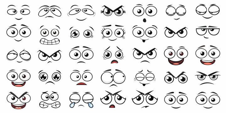 Collection of diverse black and white cartoon eye and mouth expressions