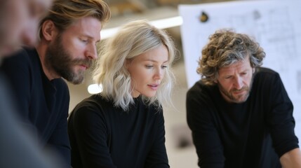 Group of people discussing work in an office space during daytime with papers on the table
