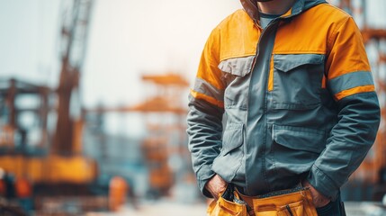 Construction worker stands at site wearing safety gear and looks towards camera during daylight hours in a busy urban area