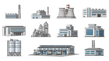 Fototapeta premium Comprehensive collection of industrial building icons featuring power plants, factories, warehouses, and silos. Flat design vector for logistics concepts.