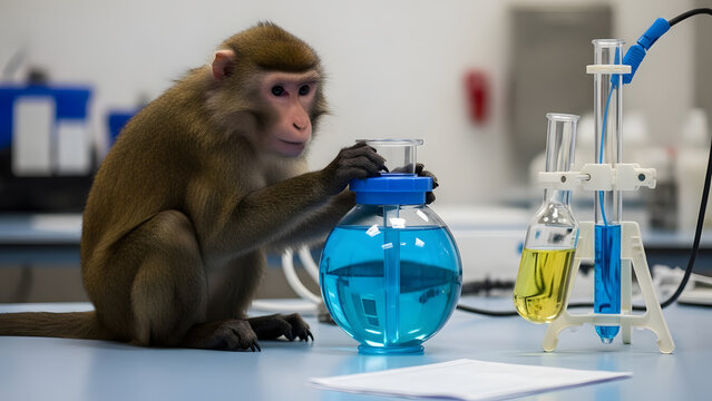 Curious Monkey Works With Lab Equipment In Bright Science Lab Setting. A curious monkey sits at a lab bench, handling a blue round-bottom flask while glassware and tubes glow in the background