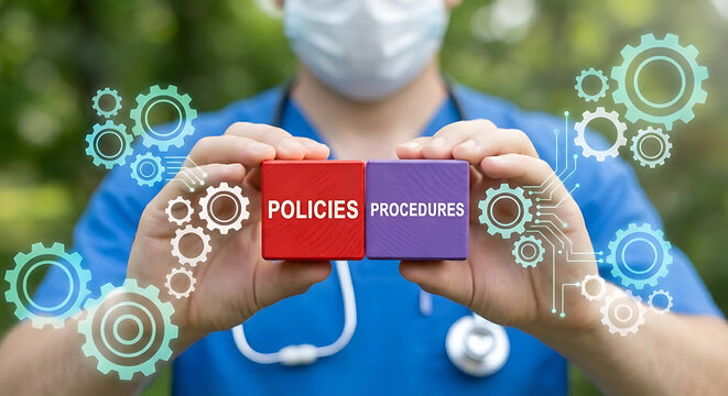 Medical concept of policies procedures. Procedure, policy clinic management. New policies procedures