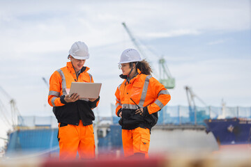 Port engineers reviewing shipping data on laptop at harbor terminal, Logistics professionals in safety gear discussing operations near cargo ship, Maritime workers coordinating port activities