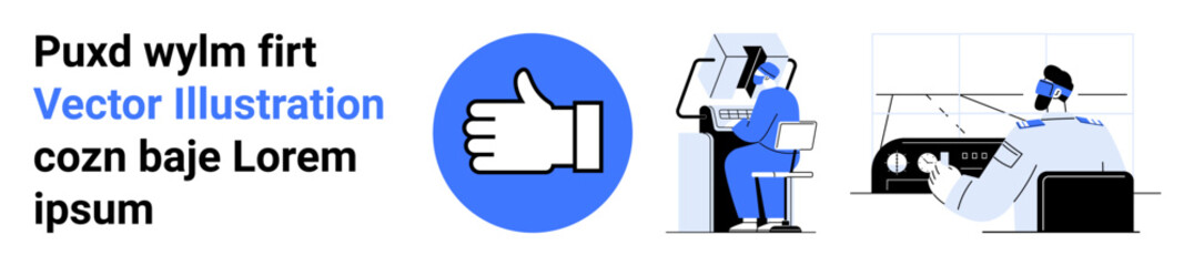 Obraz premium Corporate communication, business approval, teamwork, digital operations, human interaction, futuristic work. Professionals at screens, thumbs-up icon. Corporate communication and business approval