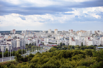 Fototapeta premium Panorama of Belgorod white city on a cloudy day, Belgorod region of Russia