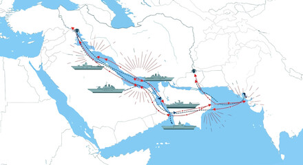 Infographic illustration of US military escalation and buildup in the Middle East conflict, showing a map with strategic locations, military bases, and movement of troops, planes, ships, © Anggita