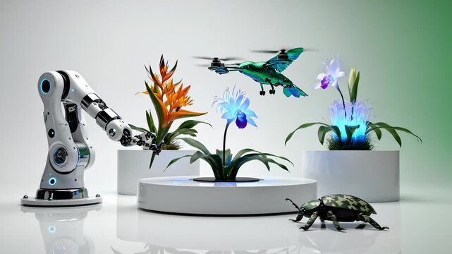 Robotic Arm and Drone Interact With Glowing Flowers and Insects in Futuristic Lab Setting