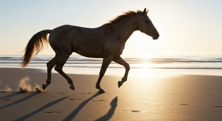 Golden light bathes a horse galloping across a beach, the setting sun in the background