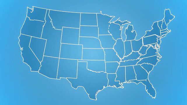 Animated USA Map Outline Illuminating and Fading, Highlighting States on a Clean Blue Background.