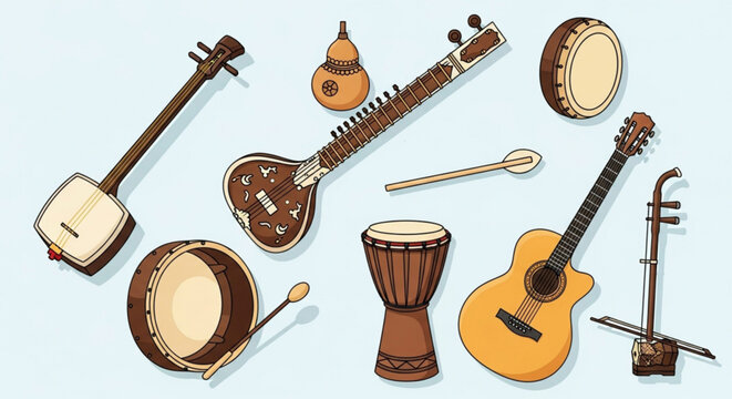Collection of diverse musical instruments including Indian sitar and tabla and Western guitar for cultural music 