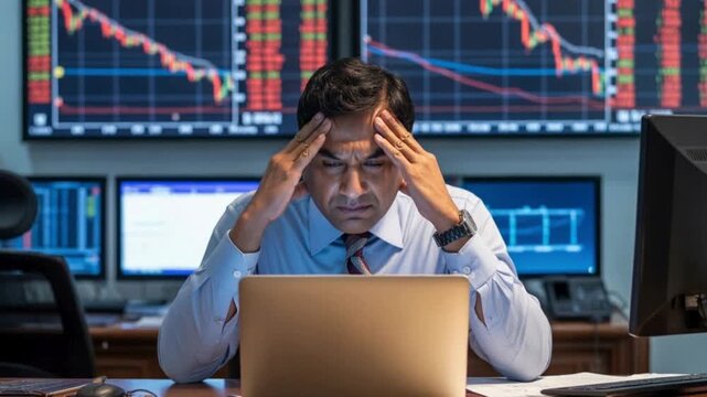 Frustrated stock market indian broker looking at a bearish market
