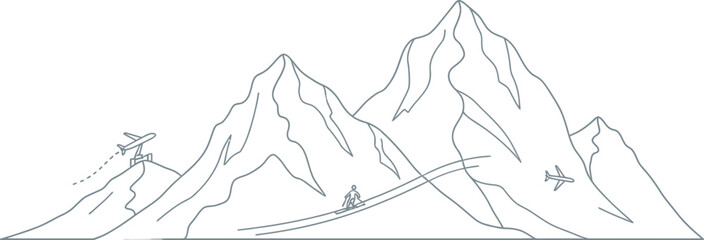 Obraz premium Minimalist line art illustration depicts thrilling alpine sports including downhill skiing across snowy peaks with airplane travel icons signifying adventure.