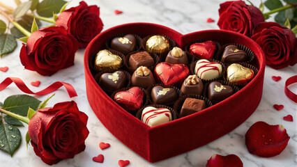 Romantic heart shaped box filled with delicious chocolate delights surrounded by red roses and decorations