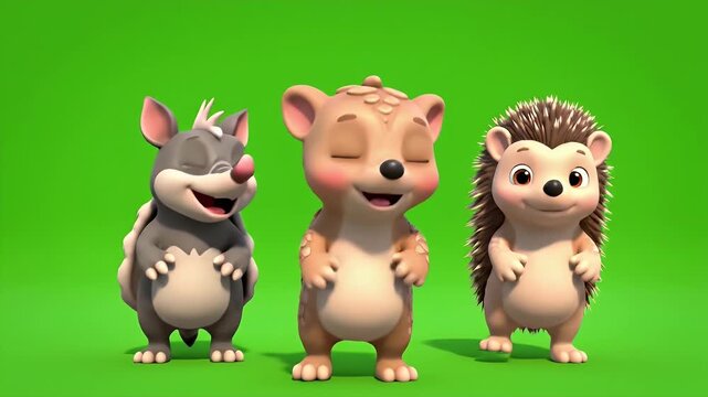 Three adorable cartoon forest animals, including a cute hedgehog, a friendly bear cub, and a playful armadillo, cheerfully interacting and waving with joy against a vibrant green background,.