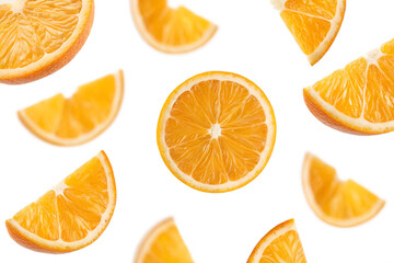 Sliced oranges scattered randomly on transparent background