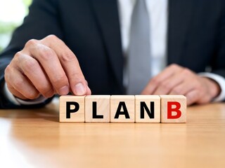 Obraz premium Business Strategy Concept Plan B Wooden Blocks With Businessman Hands Planning Project Steps