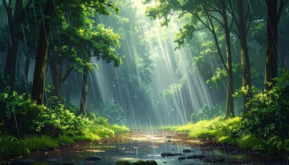 Obraz premium Sunlight rays through misty green forest path with wet ground and trees