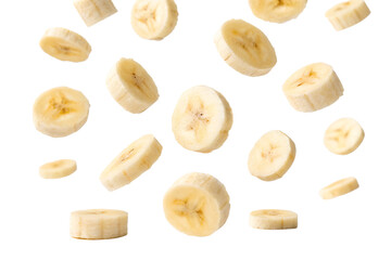 Sliced bananas falling in the air a vibrant food display on transparent background © Photo Find