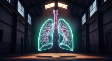 Obraz premium Floating lungs in industrial space, illuminated