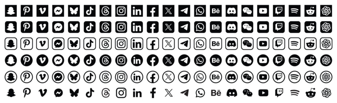 New updated social media network icons set 2026 black & white. Facebook, WhatsApp, Instagram, X, LinkedIn, YouTube, TikTok, BlueSky, Web. social media & contact icon set 2026. vector eps file.