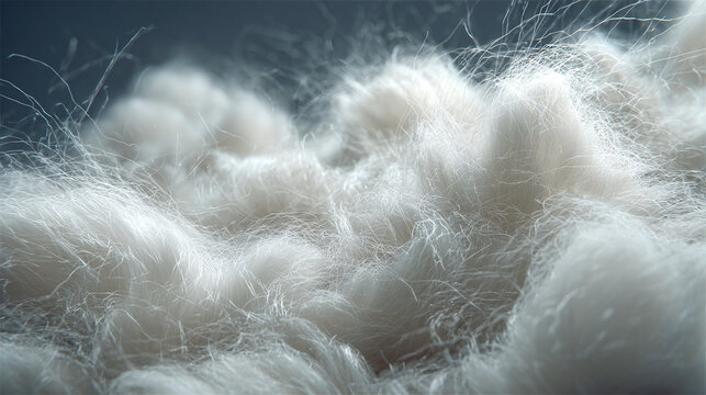Close-up of soft, fluffy cotton fibers. The fibers appear delicate and airy, creating a sense of comfort and purity