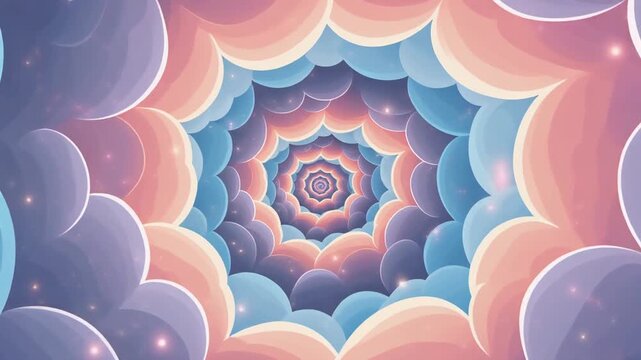 A vibrant, symmetrical pattern of pastel-colored shapes forming a kaleidoscope design viewed from directly above.