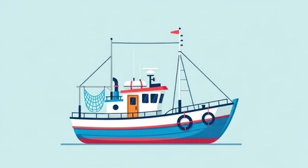 Fototapeta premium Illustrated boat with masts, rigging, net. Flat design, nautical scene