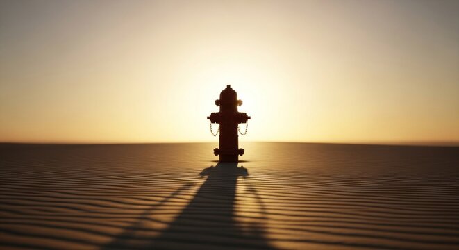Lone fire hydrant silhouette stands tall against a sunrise or sunset horizon