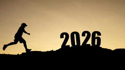 Silhouette of a person running towards the year 2026, symbolizing goals and progress.