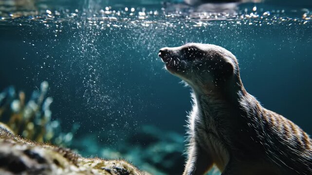 Meerkat Peeking Above Water Surface With Bubbles Rising in Dark Aquarium