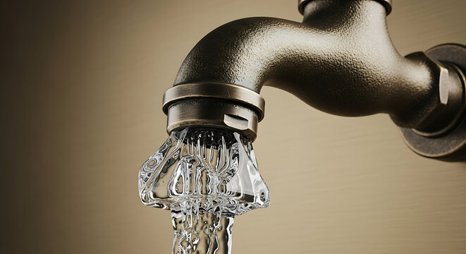  A Hyper-Realistic Close-Up of a Vintage Bronze Faucet, Where the Flowing Water has Frozen into a Beautiful, Clear Crystal Formation Mid-Stream, on a Solid Brushed Gold Metallic Background.