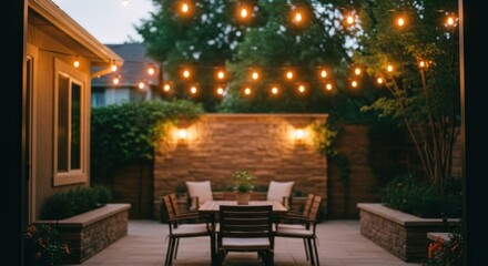 Obraz premium Patio with string lights at dusk, furniture arranged for dining