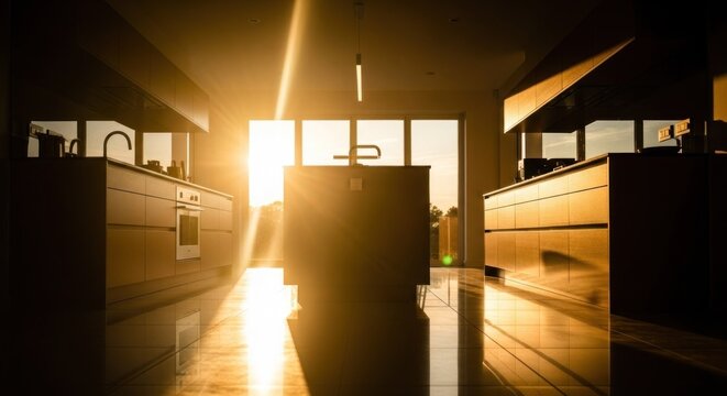 Sunlit kitchen with a central island and a bright reflection