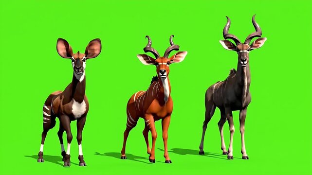 Three distinct African antelopes, including a bongo, greater kudu, and okapi, stand side by side against a vibrant green screen background, showcasing their unique markings and majestic horns.