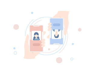 マッチングアプリで成立した男女のスマホのベクターイラスト 。婚活･恋活･カップル。パステルカラー