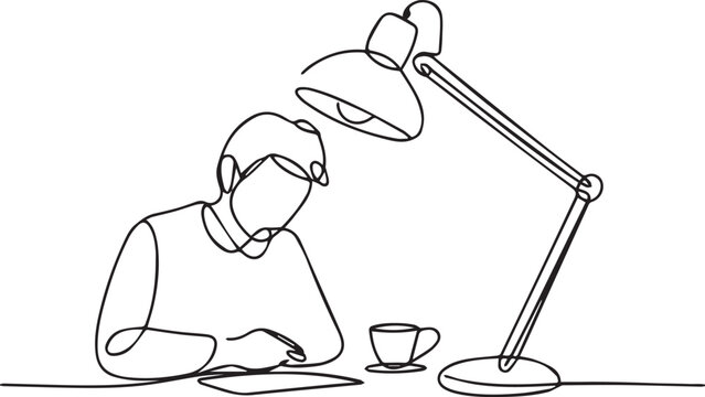 Man working on project under desk lamp illustration
