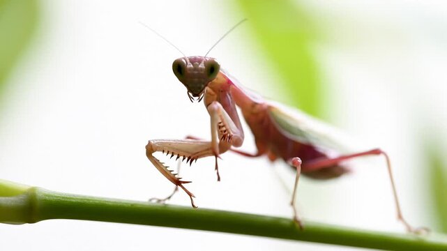 Macro Slow Motion of Pink Praying Mantis Perched on Green Stem Against Bright Background