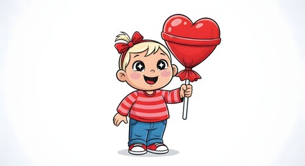 Smiling cartoon child girl holding a heart-shaped lollipop, AIzaSyBFcFvcPByegxKqKy-518t5MF7DMOm4IUQ, with a happy expression and bright eyes, perfect for sweet treats and love themes