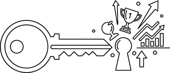 Obraz premium Outline drawing illustrating the concept of finding the key to unlocking success achieving goals represented by trophies and rising business growth charts