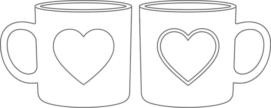 Outline drawing of two matching ceramic coffee mugs adorned with simple heart shapes perfect for romantic beverage moments or coloring activities.