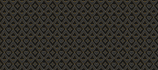 Dark grey playing cards pattern background. Retro poker or casino table theme wallpaper. Golden outline vintage spades, hearts, diamonds, clubs symbols backdrop. Vegas gambling concept texture. Vector