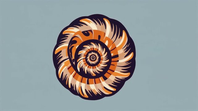 Dynamic Abstract Spiral Shell Animation with Orange and Blue Hues on a Muted Blue Background Loop.