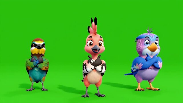 Three colorful cartoon birds with expressive faces and unique plumage joyfully flap their wings and move their bodies in a synchronized dance against a vibrant green screen background, showcasing.