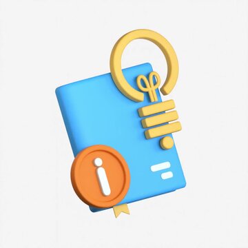 A 3D illustration of a blue book with an information symbol and a light bulb signifying course information and insights